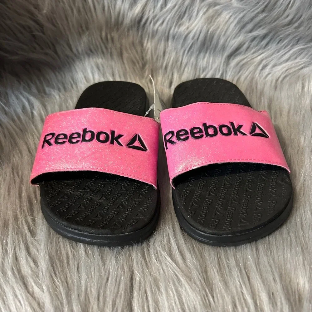 Reebok‎ Slides Girls Size 4 Pink Black Sparkly Glitter Slip On Sandals Shoes